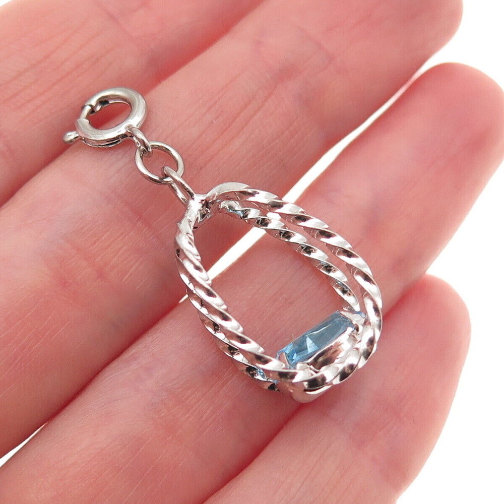 925 Sterling Silver Vintage Blue Rhinestone Cage Spring Ring Lock Charm Pendant